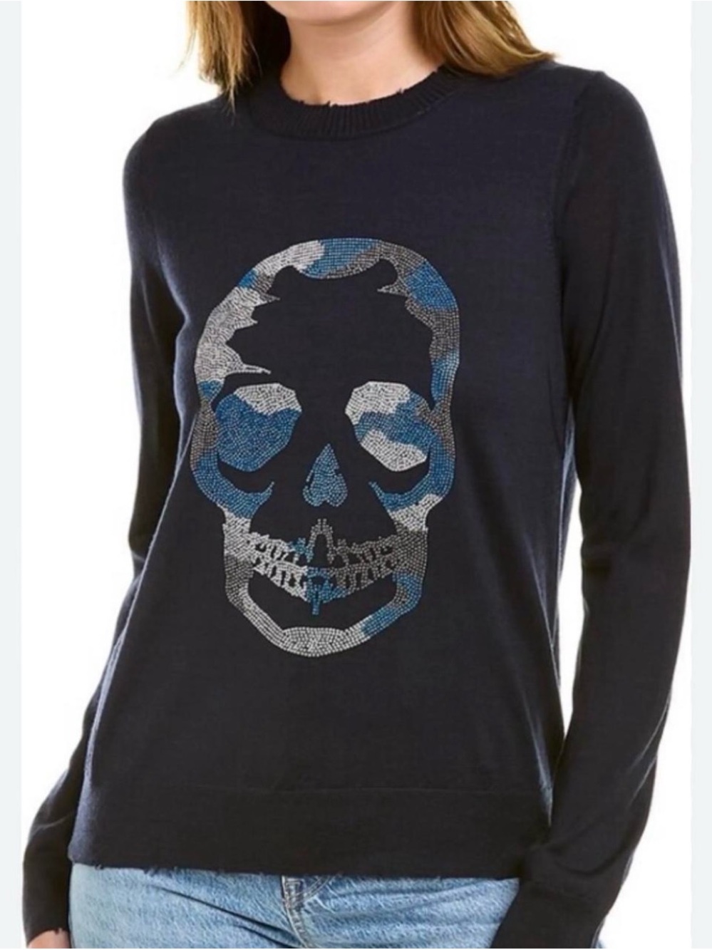 Zadig & Voltaire Black Crewneck Sweater with Blue & Gray Skull